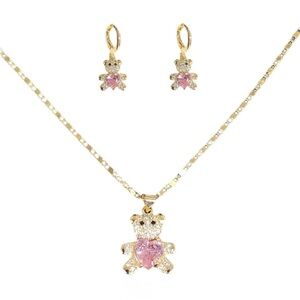 New 18K Gold-Filled CZ Teddy Bear Pink Heart Set.